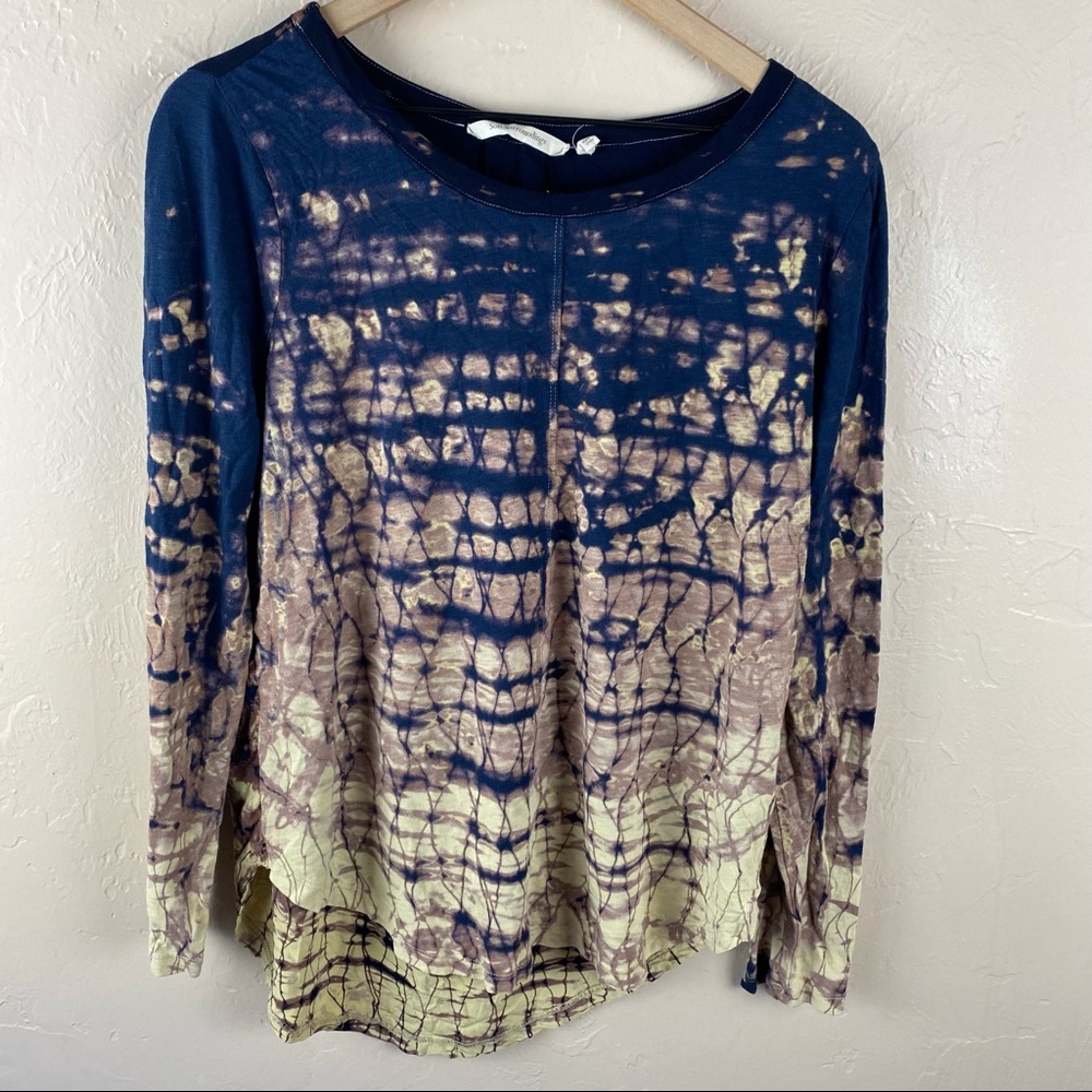 Soft Surroundings Navy Blue Tan Cream Tie Die Long Sleeve T-shirt Medium